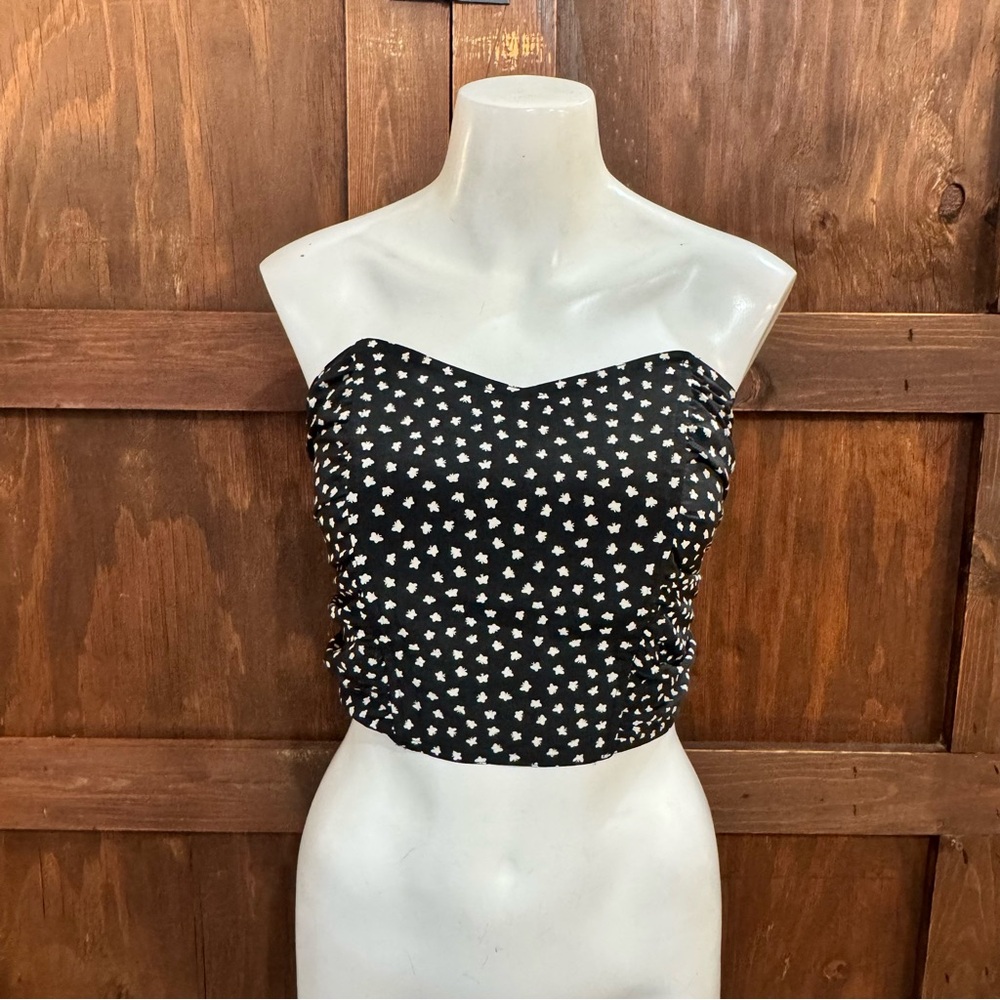 Adrienne Vittadini Black Strapless Silk Floral Crop Top